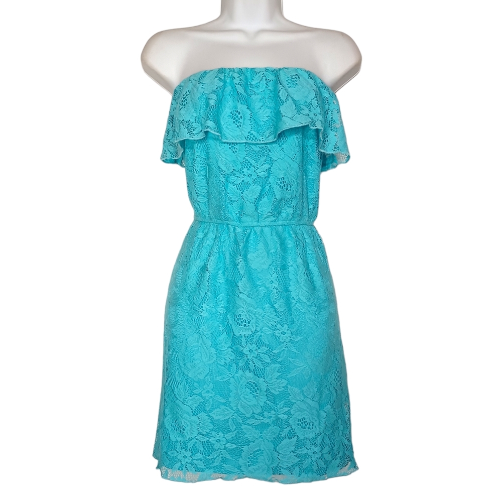 TRIXXI Bright Aqua Blue Floral Lace Ruffle Strapless Stretchy Mini Dress XLarge